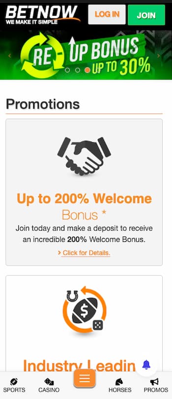 Featured promos on BetNow, a top online sports betting option among sportsbook apps.